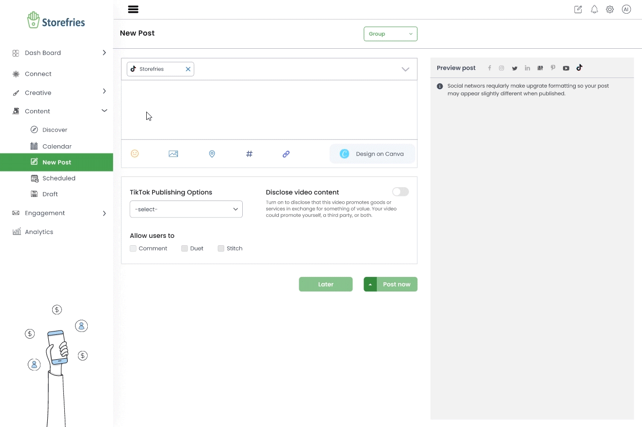 upload videos and make posts